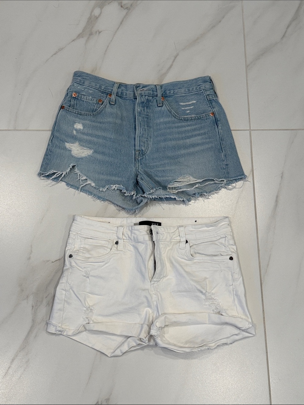 KUT white shorts AND 7 for all mankind blue Distressed Denim Shorts bundle